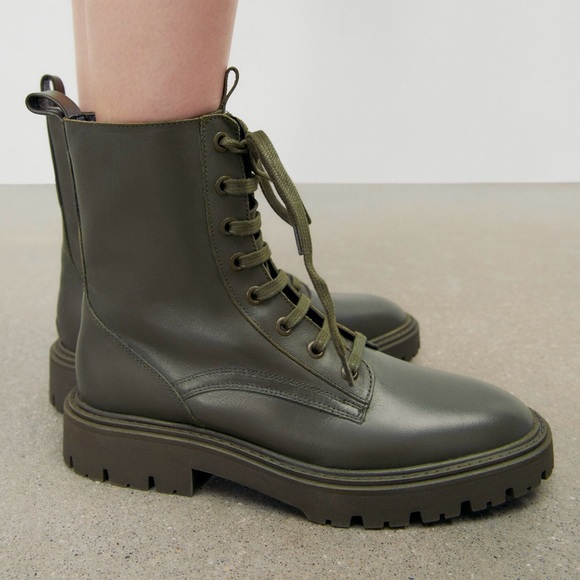 Zara green LEATHER LACE-UP FLAT
ANKLE BOOTS - Picture 2 of 12